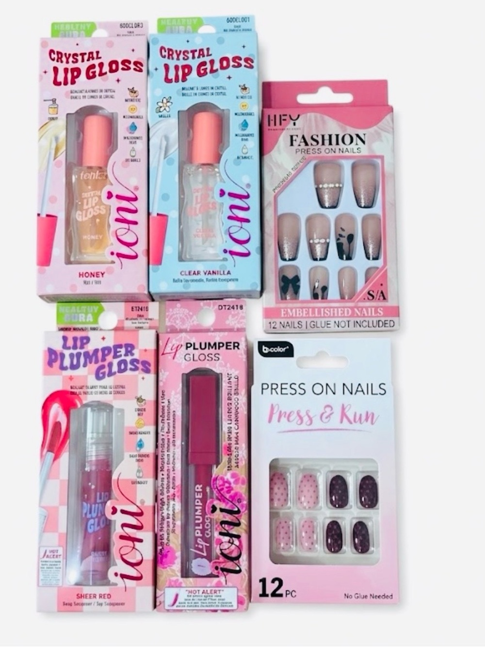 NWT IONI Lip Gloss & Plumber press on nails 6- Pc Beauty Bundle